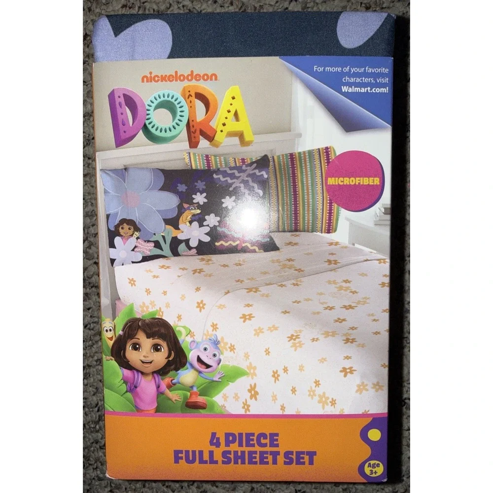 Dora the Explorer Kids 4 Piece Pink Orange‎ Floral Sheet Set, Full Size NWT